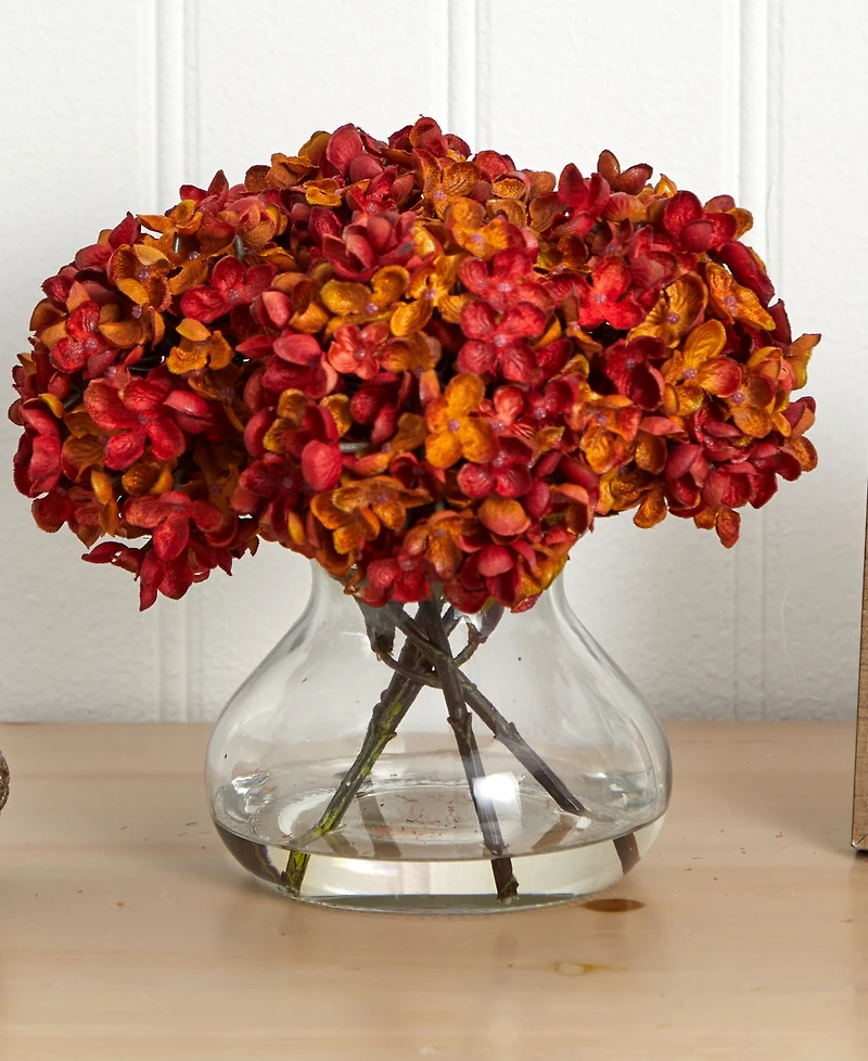 Nearly Natural 8.5"H Hydrangea Artificial Flower Arrangement with Glass Vase