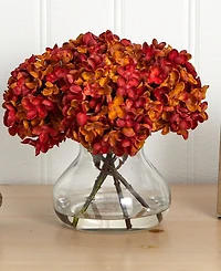 Nearly Natural 8.5"H Hydrangea Artificial Flower Arrangement with Glass Vase