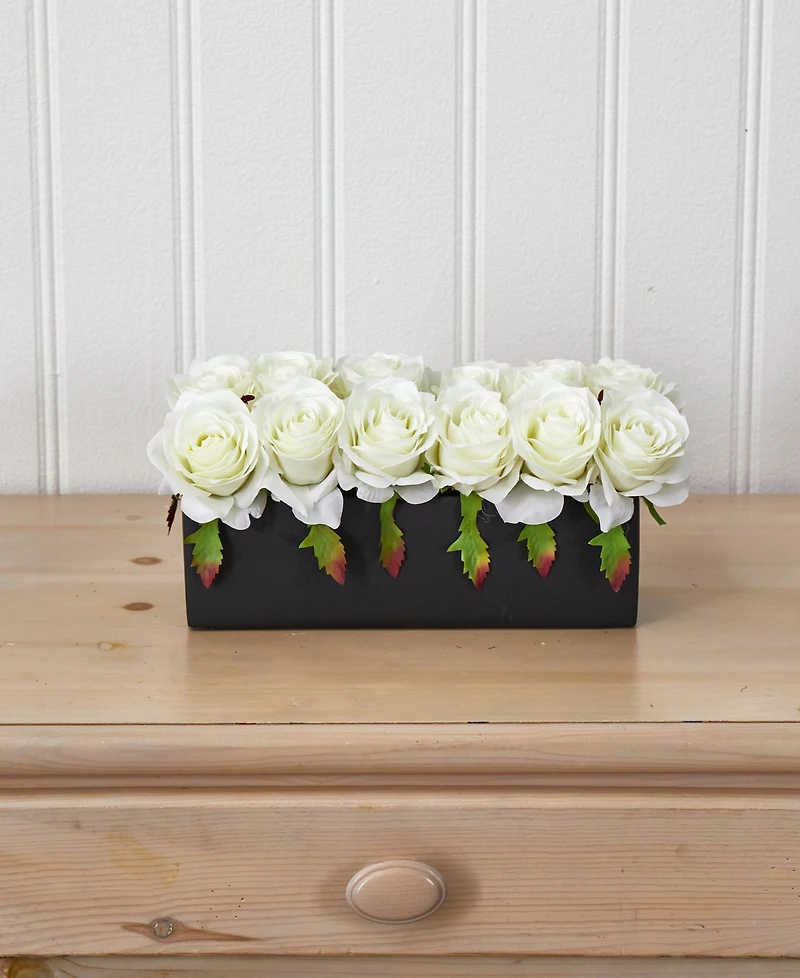 Nearly Natural Dozen Silk Roses Ceramic Rectangular Planter