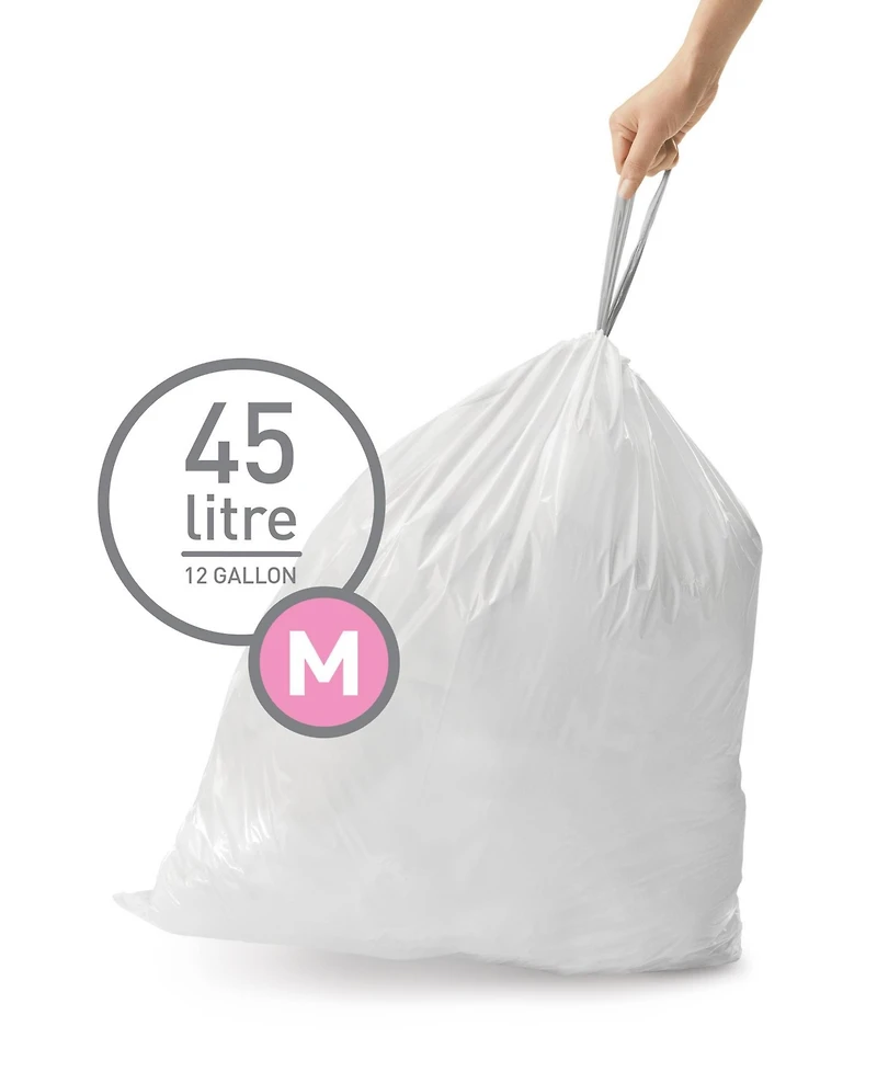 Simplehuman Code M 100pk Custom Fit Liners with 5 Quick Dispense Packs, 45L Kitchen Trash Bag Liners