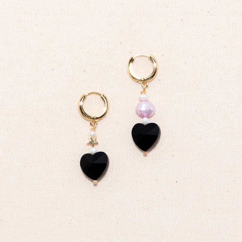 18K Gold Plated Huggied with Pink Dyed Freshwater Pearls and Black Heart Charms - Madison Earrings For Women