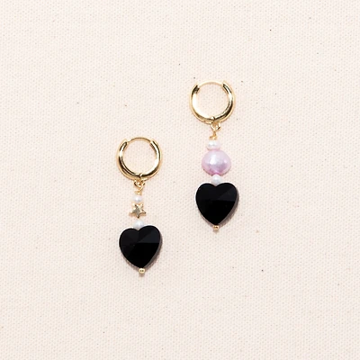 18K Gold Plated Huggied with Pink Dyed Freshwater Pearls and Black Heart Charms - Madison Earrings For Women