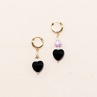 18K Gold Plated Huggied with Pink Dyed Freshwater Pearls and Black Heart Charms - Madison Earrings For Women