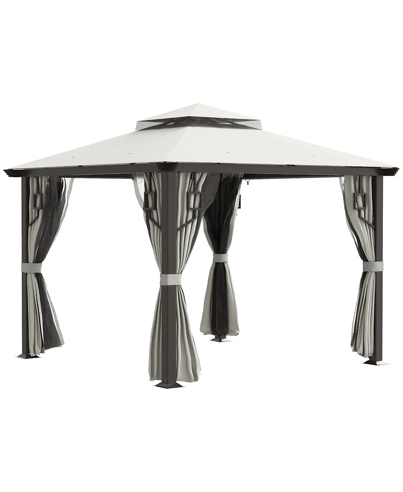 Outsunny 10' x 10' Patio Gazebo Outdoor Canopy Shelter with Aluminum Frame, Double Tier Roof, Netting and Curtains for Garden, Lawn, Backyard and Deck
