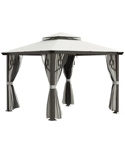 Outsunny 10' x 10' Patio Gazebo Outdoor Canopy Shelter with Aluminum Frame, Double Tier Roof, Netting and Curtains for Garden, Lawn, Backyard and Deck