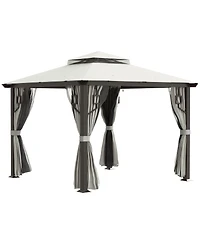 Outsunny 10' x 10' Patio Gazebo Outdoor Canopy Shelter with Aluminum Frame, Double Tier Roof, Netting and Curtains for Garden, Lawn, Backyard and Deck