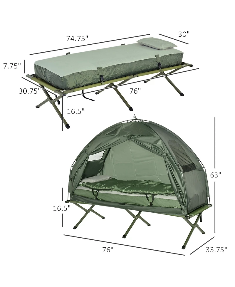 Outsunny Multifunctional Folding Camping Cots for Adults, Elevated Tent with Sleeping Bag, Thick Air Mattress Pad, Portable Single Sleeping Cot Campin
