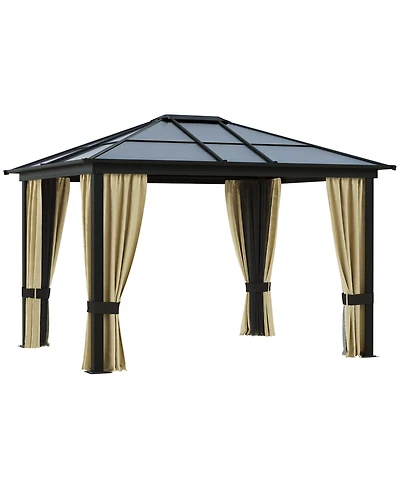 Outsunny 10x12 Polycarbonate Hardtop Gazebo, Gazebo Canopy with Aluminum Frame, Curtains and Netting for Garden, Patio, Backyard, Beige