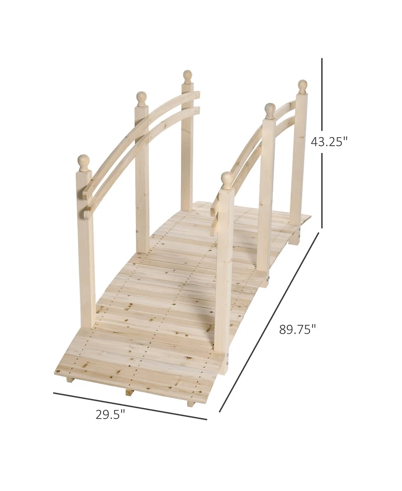 7.5' Fir Wood Garden Bridge Arch Walkway with Side Railings, Natural