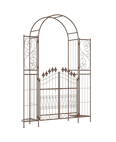 Outsunny Garden Gate Arbor Wedding Arch with Doors Plant Shelves,