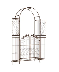 Outsunny Garden Gate Arbor Wedding Arch with Doors Plant Shelves,