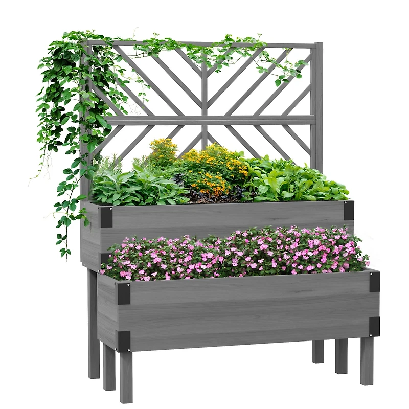 Outsunny 2 Tier Trellis Planter, Wooden Raised Garden