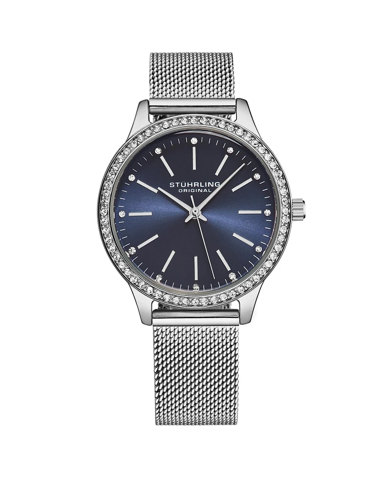 Women's Quartz Watch Crystal Studded Silver Tone Stainless Steel Case Blue Dial Silver Hands and Markers Mesh Bracelet