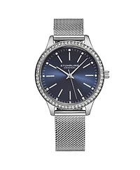 Women's Quartz Watch Crystal Studded Silver Tone Stainless Steel Case Blue Dial Silver Hands and Markers Mesh Bracelet