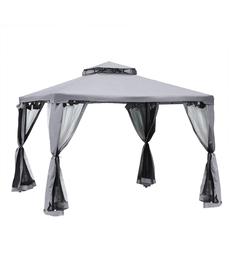 Outsunny 10' x 10' Patio Gazebo Outdoor Canopy Shelter with 2-Tier Roof and Netting, Steel Frame for Garden, Lawn, Backyard and Deck, Grey