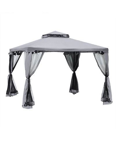Outsunny 10' x 10' Patio Gazebo Outdoor Canopy Shelter with 2-Tier Roof and Netting, Steel Frame for Garden, Lawn, Backyard and Deck, Grey