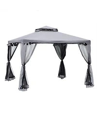 Outsunny 10' x 10' Patio Gazebo Outdoor Canopy Shelter with 2-Tier Roof and Netting, Steel Frame for Garden, Lawn, Backyard and Deck, Grey