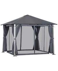 Outsunny Patio Gazebo 10' x 10' Outdoor Soft Top Canopy Tent with Zippered Mesh Sidewalls, Privacy Curtains, Netting, Dark Grey