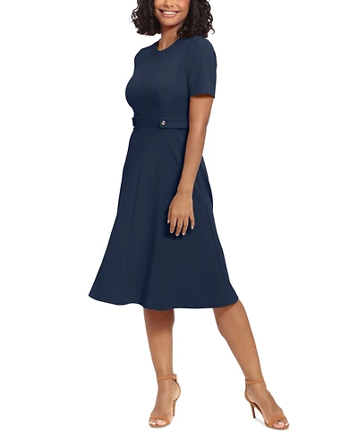 London Times Women's Puff-Sleeve Tab-Detail Fit & Flare Dress