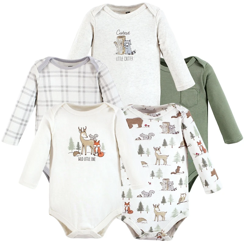 Hudson Baby Boys Cotton Long-Sleeve Bodysuits, Forest Animals 5-Pack, 0-3 Months