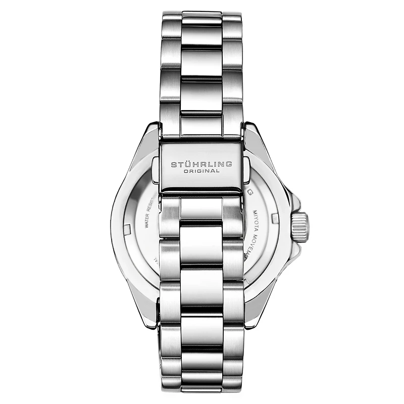 Stuhrling Women's Quartz Silver Alloy Case, Silver Ss Link Bracelet Watch Moonphase  Crystal Studded Bezel White Mother-of-Pearl Dial