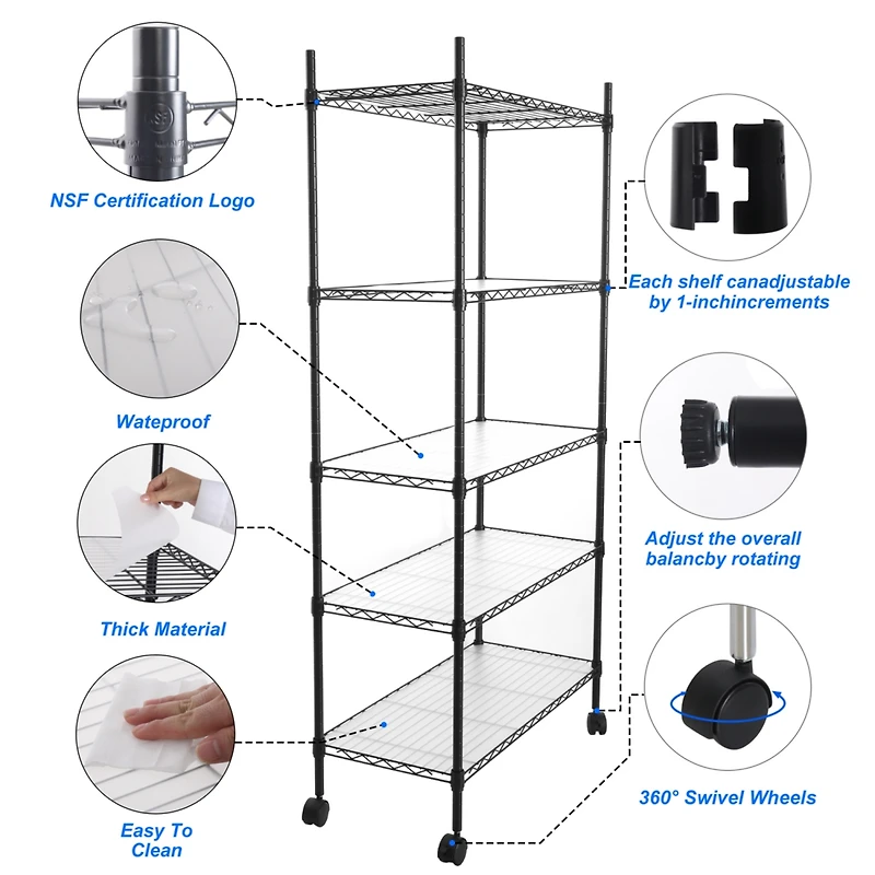 5 Tier Shelf Wire Shelving Unit, Nsf Heavy Duty Wire Shelf Metal Large Storage Shelves Height Adjustable Utility for Garage Kitchen Office Commercial