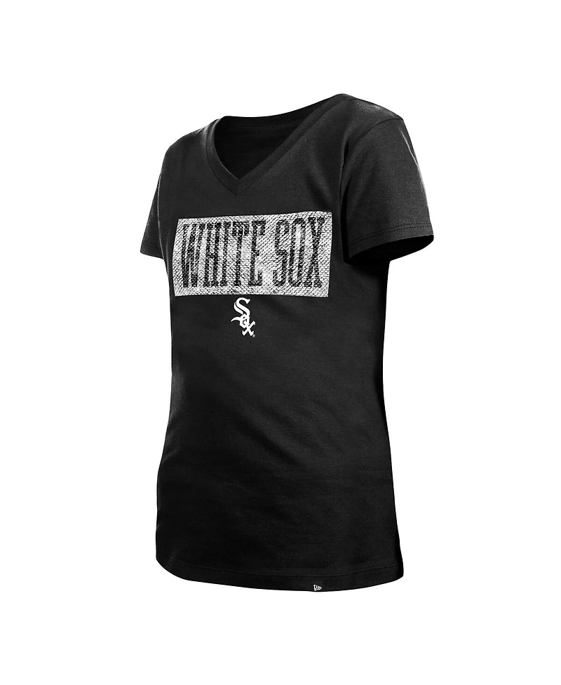 Big Girls New Era Black Chicago White Sox Flip Sequin Team V-Neck T-shirt