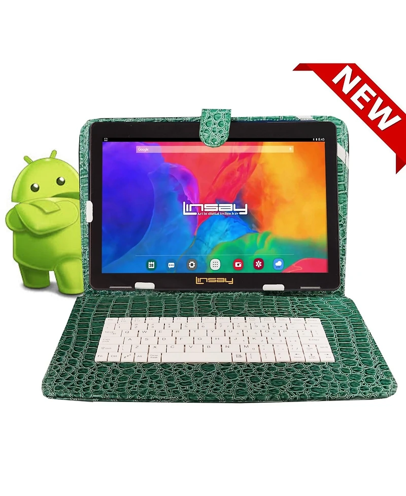 Linsay New 10.1" Tablet Octa Core 128GB with Exclusive Luxury Green Crocodile Style Keyboard Newest Android 13
