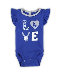 Newborn and Infant Boys and Girls Royal, Heather Gray Los Angeles Dodgers Three-Piece Love of Baseball Bib, Bodysuit and Booties Set