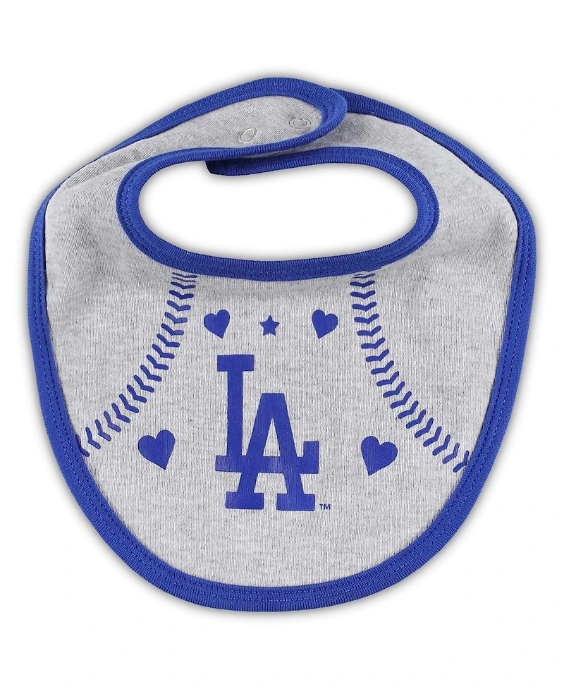 Newborn and Infant Boys and Girls Royal, Heather Gray Los Angeles Dodgers Three-Piece Love of Baseball Bib, Bodysuit and Booties Set