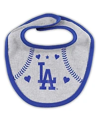 Newborn and Infant Boys and Girls Royal, Heather Gray Los Angeles Dodgers Three-Piece Love of Baseball Bib, Bodysuit and Booties Set