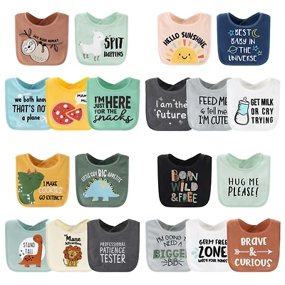 The Peanutshell Baby Boys Terry Bibs Boys, 20 Pack for Feeding, Teething, or Drooling, Hello Sunshine/Dino