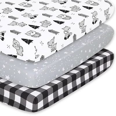 The Peanutshell Pack n Play, Mini Crib, Portable Crib or Fitted Playard Sheets for Baby Boy or Girl, 3 Pack Set, Gray, Black and White Woodland