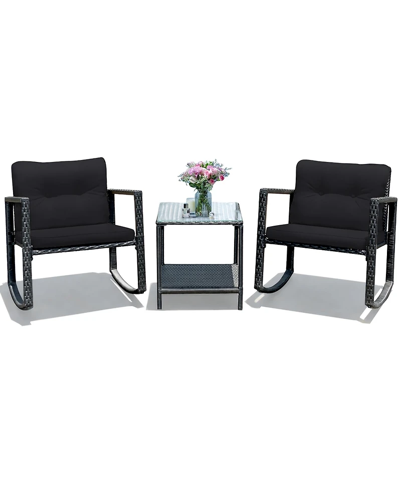 3PC Patio Rattan Conversation Set Rocking Chair Cushioned