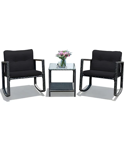 3PC Patio Rattan Conversation Set Rocking Chair Cushioned