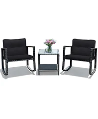 3PC Patio Rattan Conversation Set Rocking Chair Cushioned
