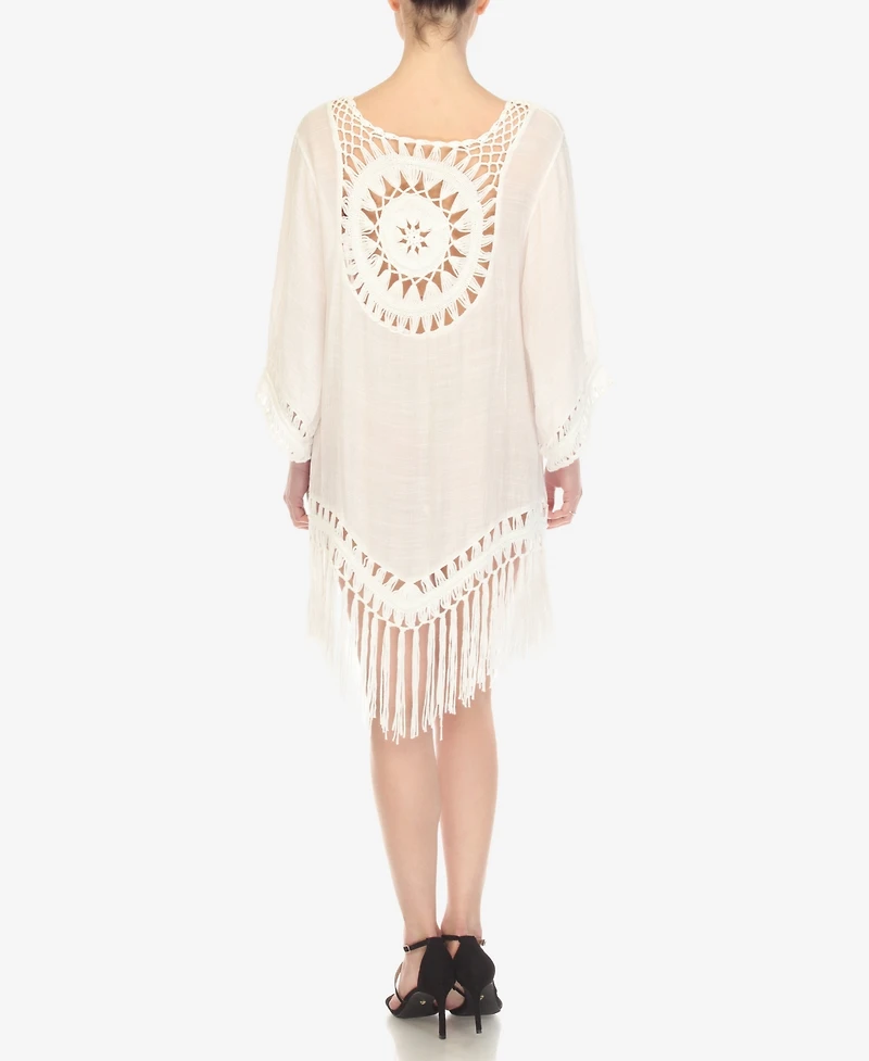 White Mark Women's Crocheted Fringed Trim 3/4 Sleeves Cover Up Dress