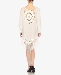 White Mark Women's Crocheted Fringed Trim 3/4 Sleeves Cover Up Dress