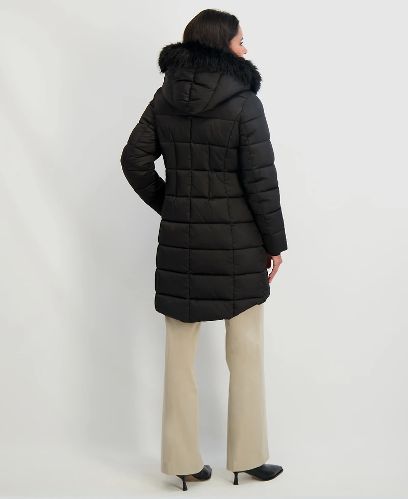 Tahari Womens Velvet Bibbed Faux-Fur Hooded Puffer Coat