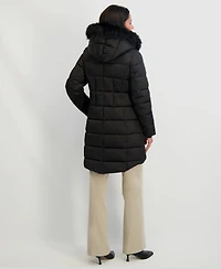 Tahari Womens Velvet Bibbed Faux-Fur Hooded Puffer Coat