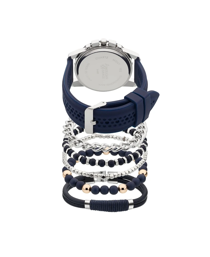American Exchange Men's Analog, Three-Hand Quartz Navy Silicone Strap Watch 45mm Gift Set