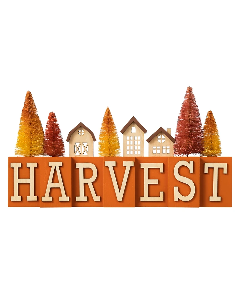 Glitzhome 14" L Harvest Wooden House/Brush Trees Table Decor