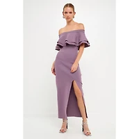 endless rose Women's Off the Shoulder Ruffle Maxi Dress with Leg Slit