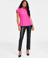 Cece Womens Pin Tuck Ruffled Blouse Faux Leather Slit Hem Leggings