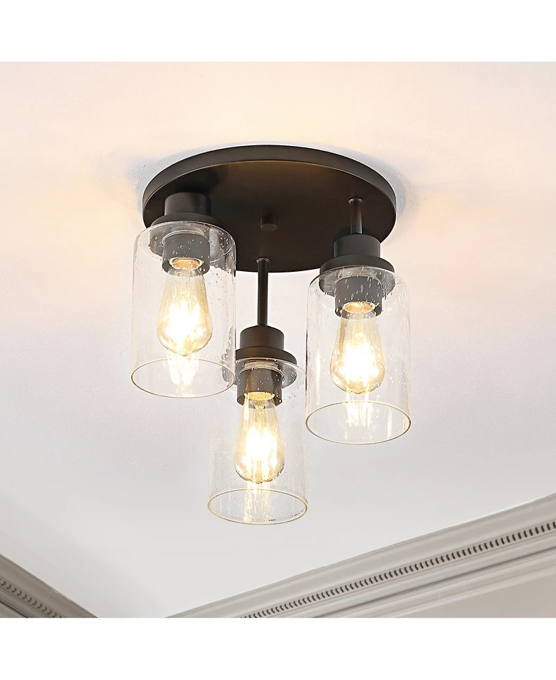 Jonah 12" 3-Light Bohemian Farmhouse Iron, Seeded Glass Led Semi Flush Mount