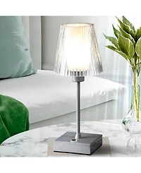 Oscar 12.5" Modern Industrial Rechargeable, Cordless Iron, Acrylic Integrated Led Table Lamp with Ribbed Shade