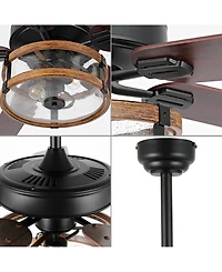 Joanna 52" 2-Light Rustic Industrial Iron, Wood, Seeded Glass Mobile-App, Remote-Controlled Led Ceiling Fan