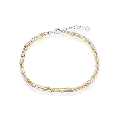 Simona Sterling Silver Triple Strand Oval Diamond-Cut Beaded Anklet - Tri Color