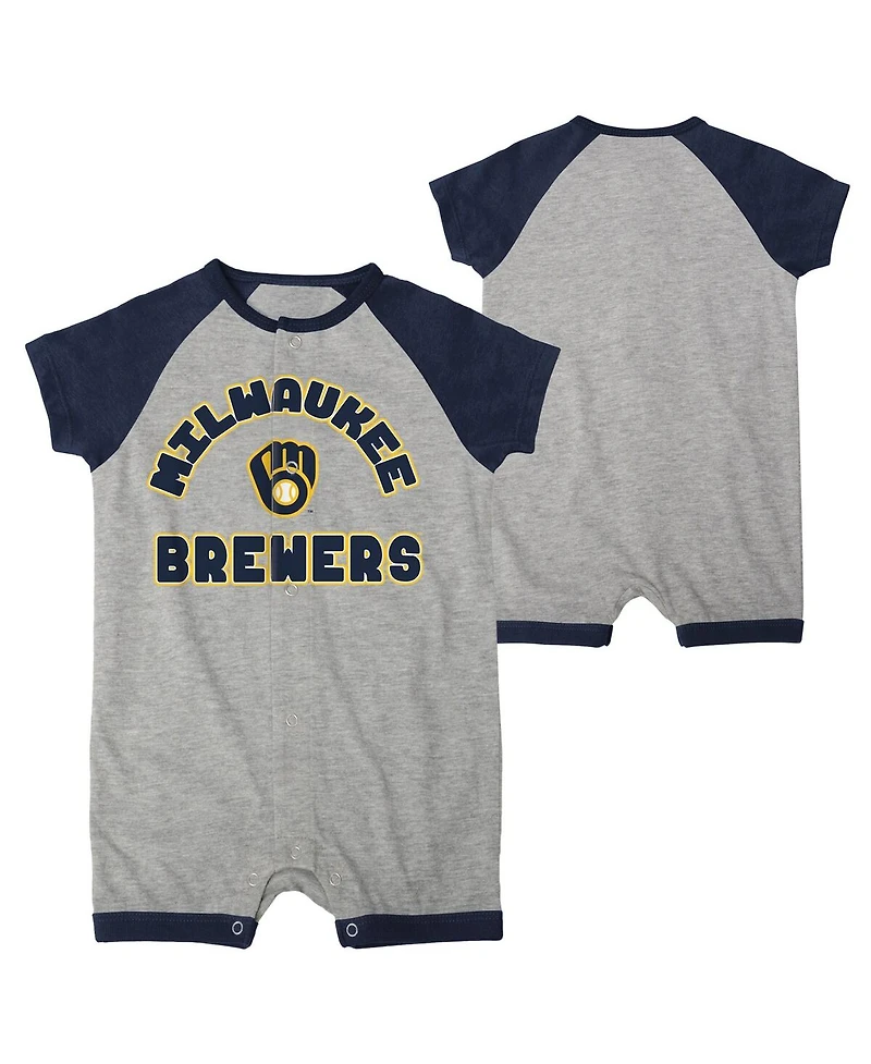 Newborn and Infant Boys Girls Heather Gray Milwaukee Brewers Extra Base Hit Raglan Full-Snap Romper