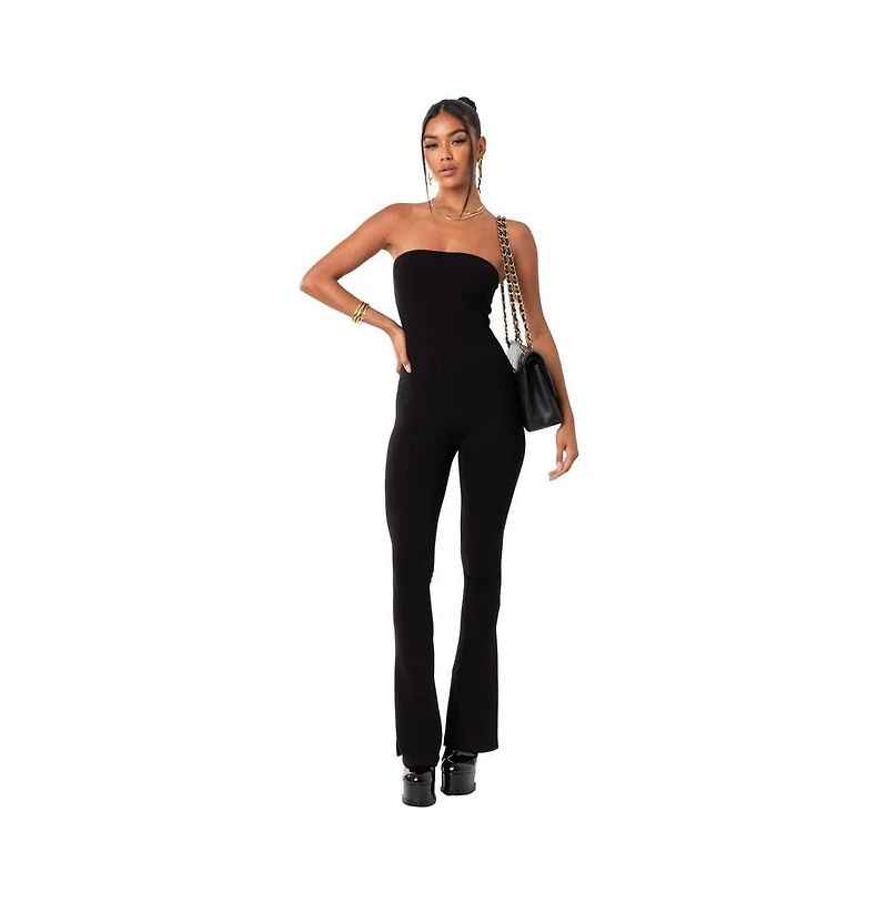 Edikted Women's Strapless Flared Jumpsuit With Slits